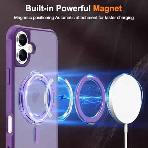 TOKVANZ iPhone 16 uchun 360° aylanadigan magnitli halqali stendli g'ilof [Mag-Safe mos] [Harbiy darajadagi himoya] Ayollar va erkaklar uchun yarim shaffof matli telefon g'iloflari 6.1'', binafsha - 3