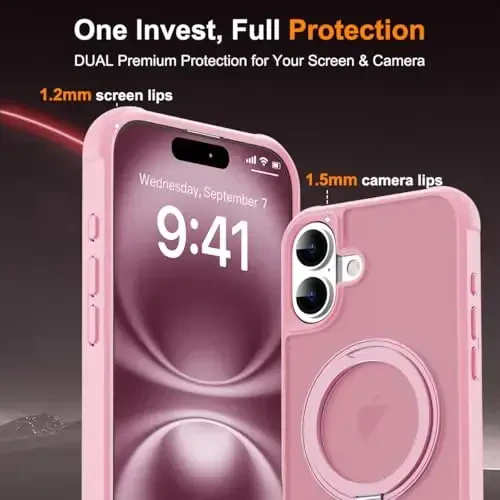 TOKVANZ iPhone 16 uchun g'ilof, 360° aylanadigan magnit halqali stend [Mag-Safe bilan mos] [Harbiy darajadagi himoya] Ayollar va erkaklar uchun yarim shaffof matli telefon g'iloflari 6.1'', pushti - 7