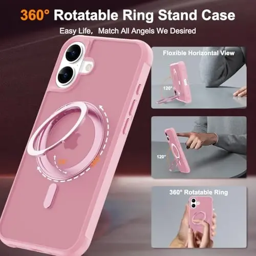 TOKVANZ iPhone 16 uchun g'ilof, 360° aylanadigan magnit halqali stend [Mag-Safe bilan mos] [Harbiy darajadagi himoya] Ayollar va erkaklar uchun yarim shaffof matli telefon g'iloflari 6.1'', pushti - 2