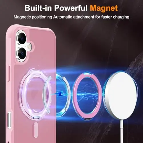 TOKVANZ iPhone 16 uchun g'ilof, 360° aylanadigan magnit halqali stend [Mag-Safe bilan mos] [Harbiy darajadagi himoya] Ayollar va erkaklar uchun yarim shaffof matli telefon g'iloflari 6.1'', pushti - 3