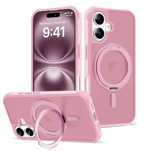 TOKVANZ iPhone 16 uchun g'ilof, 360° aylanadigan magnit halqali stend [Mag-Safe bilan mos] [Harbiy darajadagi himoya] Ayollar va erkaklar uchun yarim shaffof matli telefon g'iloflari 6.1'', pushti 