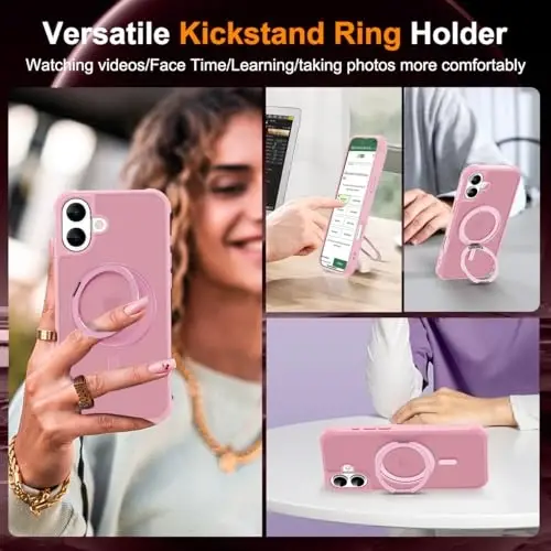 TOKVANZ iPhone 16 uchun g'ilof, 360° aylanadigan magnit halqali stend [Mag-Safe bilan mos] [Harbiy darajadagi himoya] Ayollar va erkaklar uchun yarim shaffof matli telefon g'iloflari 6.1'', pushti - 4