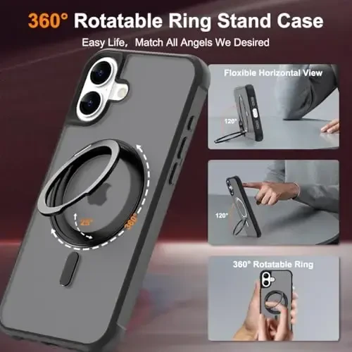 TOKVANZ iPhone 16 uchun g‘ilof 360° aylanadigan magnitli halqali stend bilan [Mag-Safe mos] [Harbiy darajadagi himoya] Ayollar va erkaklar uchun yarim shaffof matli telefon g‘iloflari 6.1'', Qora - 2