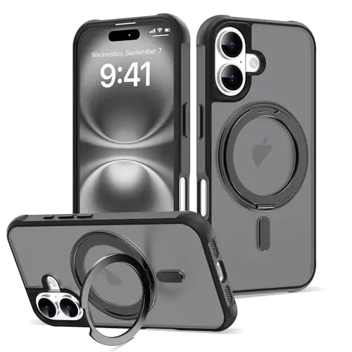 TOKVANZ iPhone 16 uchun g‘ilof 360° aylanadigan magnitli halqali stend bilan [Mag-Safe mos] [Harbiy darajadagi himoya] Ayollar va erkaklar uchun yarim shaffof matli telefon g‘iloflari 6.1'', Qora - TOKVANZ