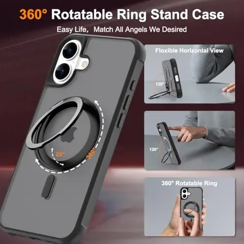 TOKVANZ iPhone 16 uchun g‘ilof 360° aylanadigan magnitli halqali stend bilan [Mag-Safe mos] [Harbiy darajadagi himoya] Ayollar va erkaklar uchun yarim shaffof matli telefon g‘iloflari 6.1'', Qora - 2