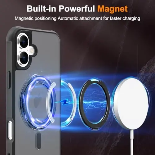 TOKVANZ iPhone 16 uchun g‘ilof 360° aylanadigan magnitli halqali stend bilan [Mag-Safe mos] [Harbiy darajadagi himoya] Ayollar va erkaklar uchun yarim shaffof matli telefon g‘iloflari 6.1'', Qora - 3