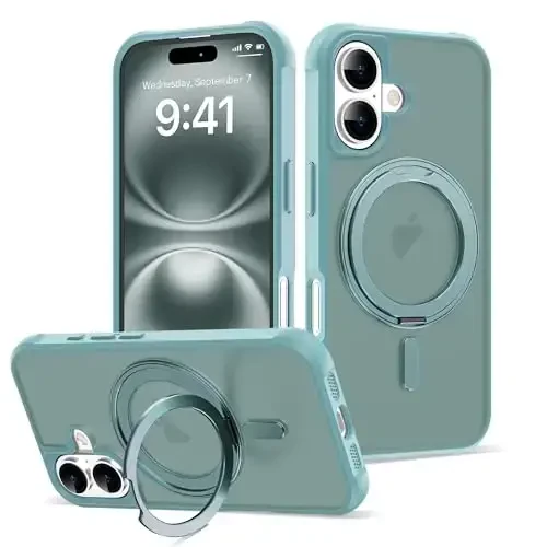 TOKVANZ iPhone 16 uchun g'ilof 360° aylanuvchi magnit halqali stend bilan [Mag-Safe mos] [Harbiy darajadagi himoya] Ayollar va erkaklar uchun yarim shaffof mat g'iloflar 6.1'', Yashil 