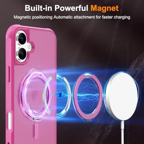 TOKVANZ iPhone 16 uchun g‘ilofi 360° aylanadigan magnit halqali stend bilan [Mag-Safe mos] [Harbiy darajadagi himoya] Ayollar va erkaklar uchun yarim shaffof mat telefon g‘iloflari 6.1'', pushti qizil - 3