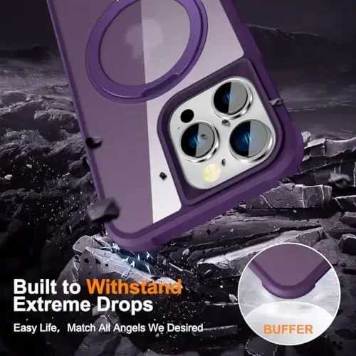 TOKVANZ разработан для чехла iPhone 15 Pro с вращающейся на 360° магнитной подставкой [совместим с Mag-Safe] [военная защита] Полупрозрачные матовые чехлы для телефонов для женщин и мужчин 6,1'', фиолетовый - 6