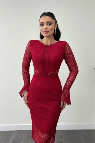 To'liq dantel matoli qo'l qavatli qalam ko'ylak - QIZIL - 3