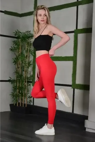 To'liq Likra Qo'shimcha Tortuvchi Yuqori Bel Tor Qisqich Kundalik Sport Leggingsi - Qizil - 1