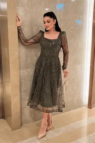 To'liq munchoqli kvadrat yoqali midi ko'ylak - XAKI RANGI - 5