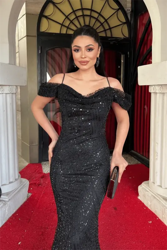 Toʻliq munchoqli mato qayiq yoqali baliq uzunlikdagi kechki libos - QORA - 4