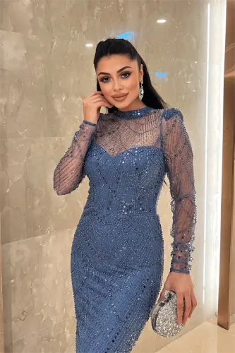 To'liq munchoqli matodan tikilgan baliq shaklidagi kechki libos - INDIGO MOVİY - 4