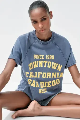 ТОЛСТОВКА ИЗ ХЛОПКА С НАДПИСЬЮ С ЭФФЕКТОМ ВЫЦВЕТАНИЯ - Синий - 3