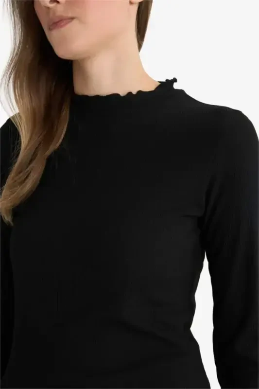 Толстовка-туника с длинным рукавом Slim Fit, с воротником половинкой, с ребристой фактурой, черная - 6