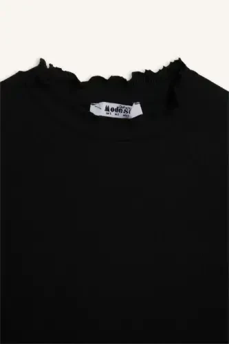 Толстовка-туника с длинным рукавом Slim Fit, с воротником половинкой, с ребристой фактурой, черная - 9