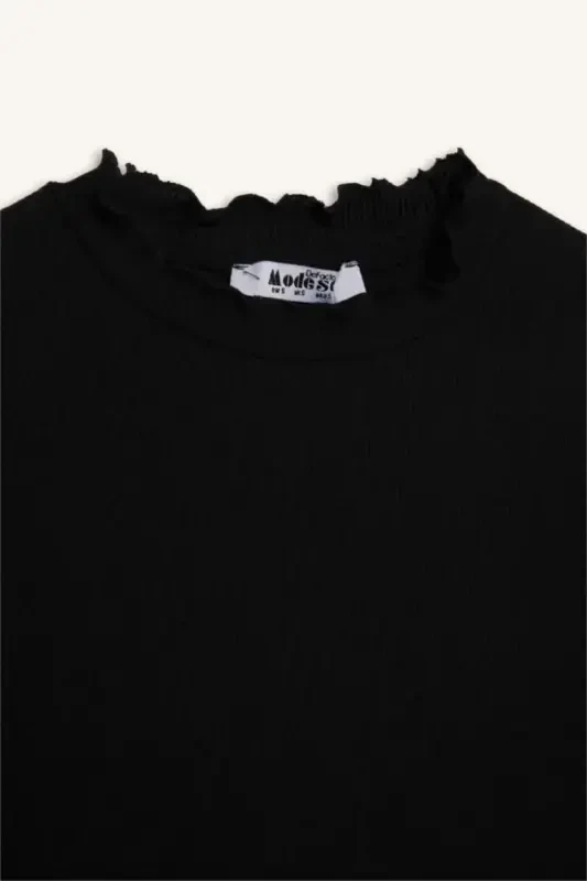 Толстовка-туника с длинным рукавом Slim Fit, с воротником половинкой, с ребристой фактурой, черная - 9