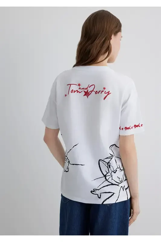 Tom and Jerry Baskılı Beyaz Tişört Loose Fit / Bol - 2