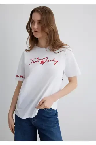 Tom and Jerry Baskılı Beyaz Tişört Loose Fit / Bol - 4