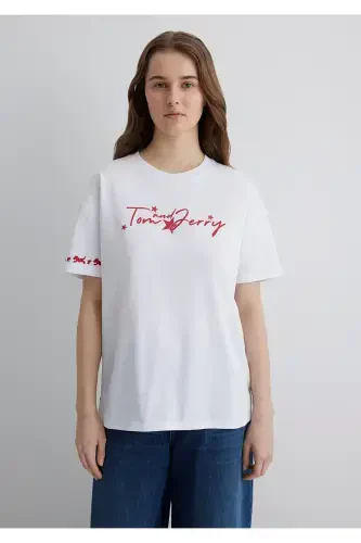 Tom and Jerry Baskılı Beyaz Tişört Loose Fit / Bol - 5