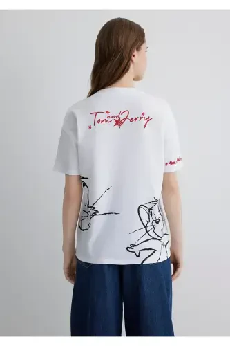 Tom and Jerry Baskılı Beyaz Tişört Loose Fit / Bol - 6