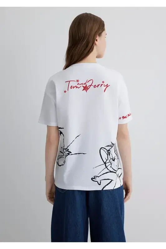 Tom and Jerry Baskılı Beyaz Tişört Loose Fit / Bol - 6