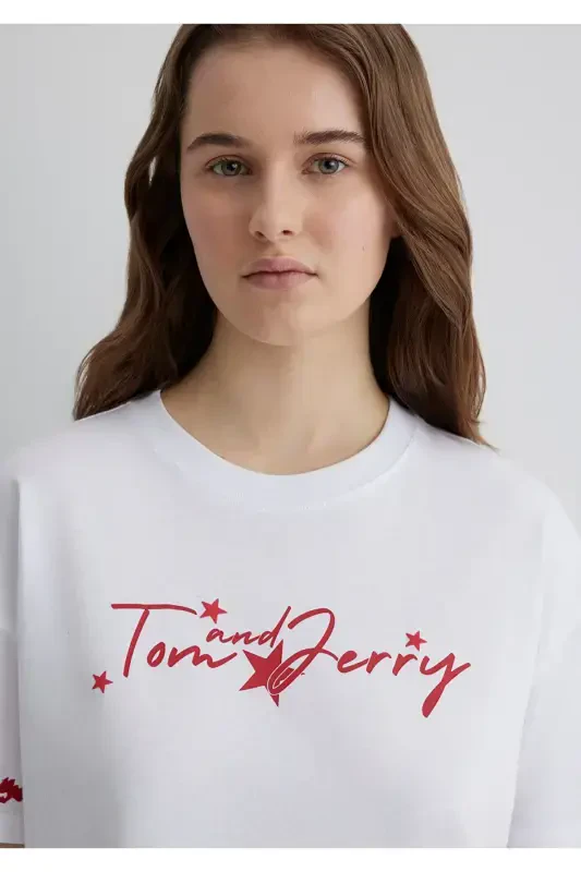 Tom and Jerry Baskılı Beyaz Tişört Loose Fit / Bol - 7