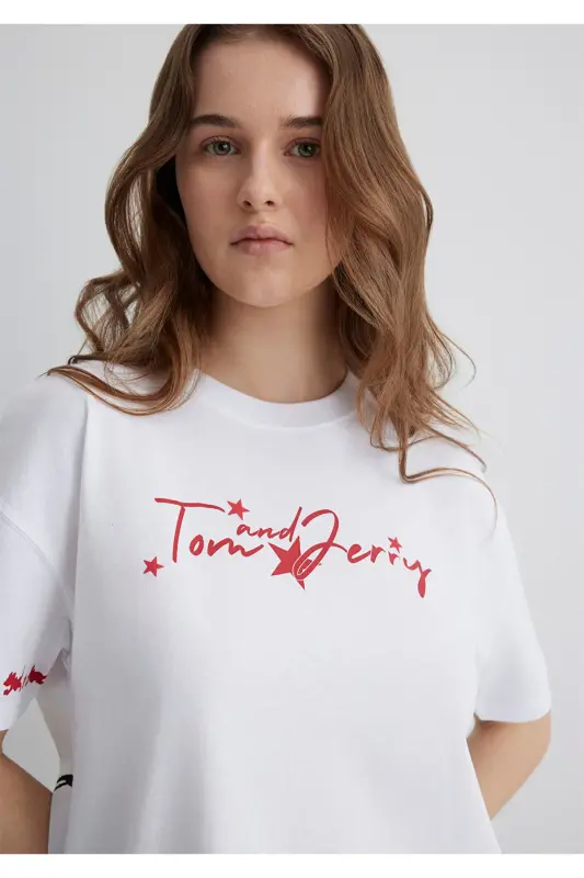 Tom and Jerry Baskılı Beyaz Tişört Loose Fit / Bol - 3