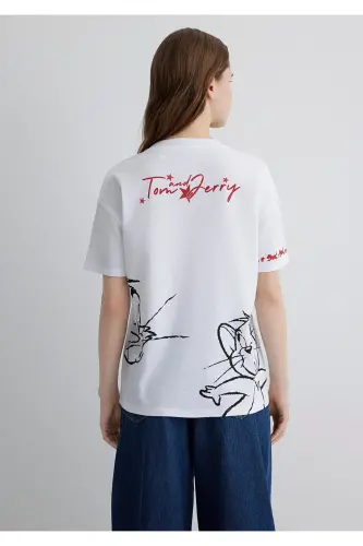 Tom and Jerry Baskılı Beyaz Tişört Loose Fit / Bol - 6