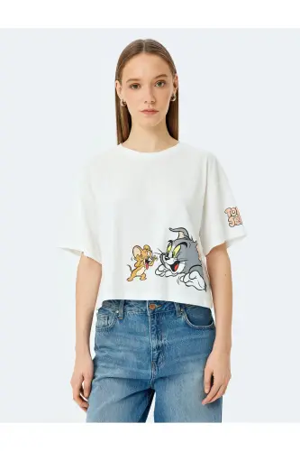 Tom and Jerry Licensed Printed Oversize Crop T-Shirt - 3