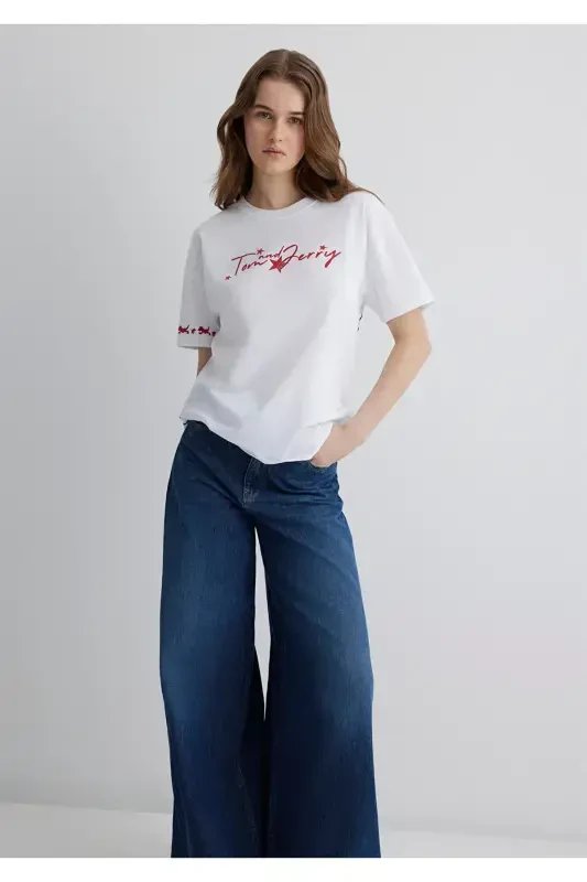 Tom and Jerry Printed White T-shirt Loose Fit - MAVI