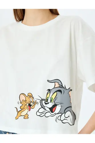 Tom ve Jerry Lisanslı Baskılı Oversize Crop Tişört - Ekru - 5