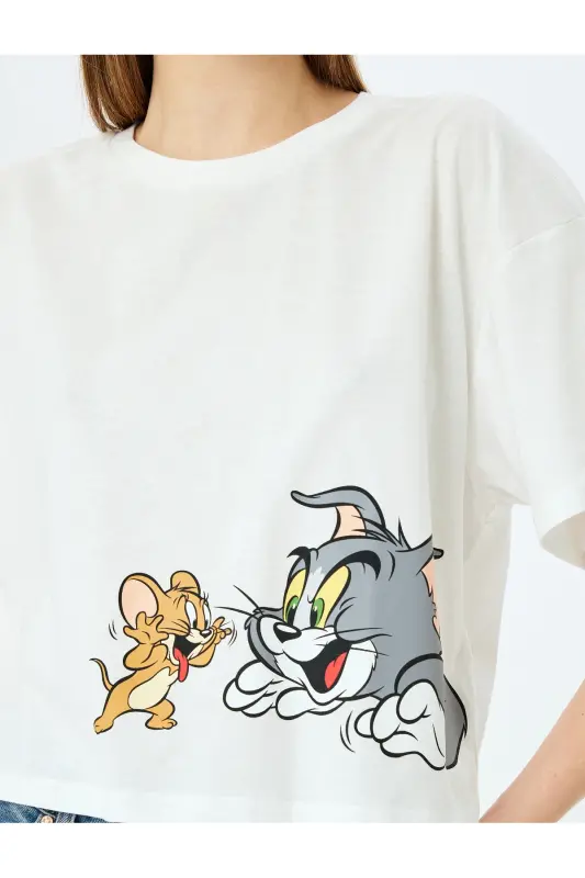 Tom ve Jerry Lisanslı Baskılı Oversize Crop Tişört - Ekru - 5