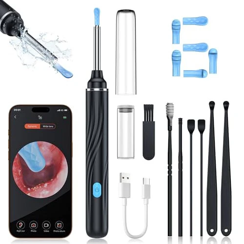 Tomaje Ear Wax Removal Tool Camera, Ear Cleaner with Camera, 1080P HD Ear Camera and 6 LED Light, Ear Wax Removal Kit with 6 Ear Picks, 6 Pcs Ear Set, Ear Camera Wax Removal for iOS & Android, Black - Tomaje