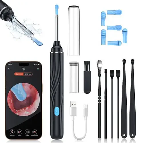 Tomaje Ear Wax Removal Tool Camera, Ear Cleaner with Camera, 1080P HD Ear Camera and 6 LED Light, Ear Wax Removal Kit with 6 Ear Picks, 6 Pcs Ear Set, Ear Camera Wax Removal for iOS & Android, Black - 1