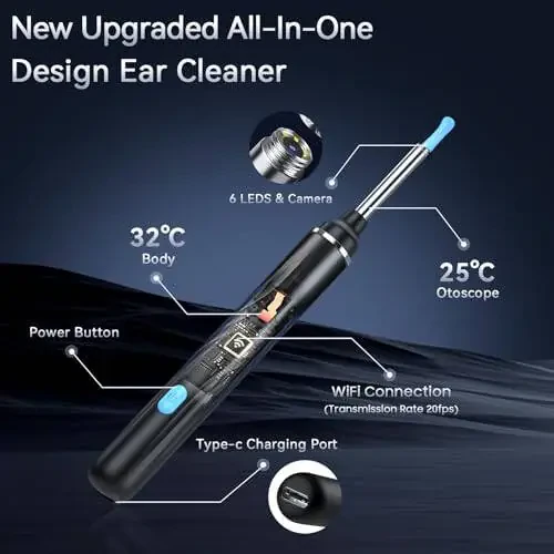Tomaje Ear Wax Removal Tool Camera, Ear Cleaner with Camera, 1080P HD Ear Camera and 6 LED Light, Ear Wax Removal Kit with 6 Ear Picks, 6 Pcs Ear Set, Ear Camera Wax Removal for iOS & Android, Black - 3
