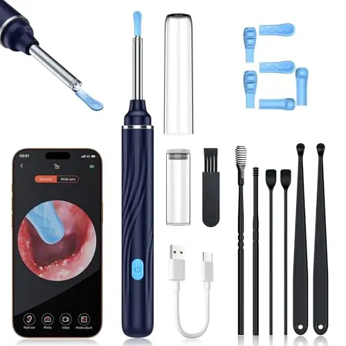 Tomaje Ear Wax Removal Tool Camera, Ear Cleaner with Camera, 1080P HD Ear Camera and 6 LED Light, Ear Wax Removal Kit with 6 Ear Pick, 6 Pcs Ear Set, Ear Camera Wax Removal for iOS & Android, Blue - 1
