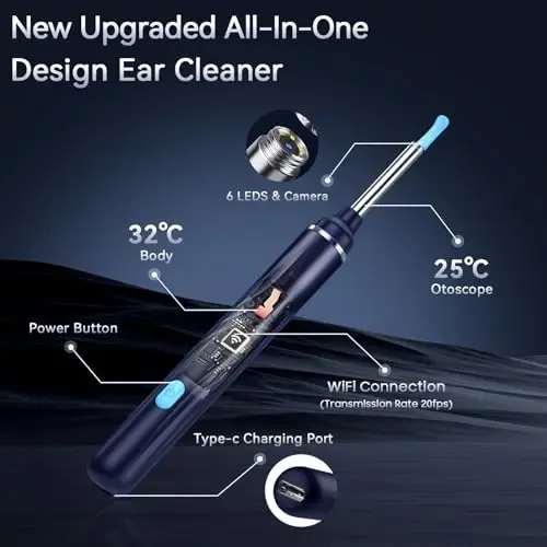 Tomaje Ear Wax Removal Tool Camera, Ear Cleaner with Camera, 1080P HD Ear Camera and 6 LED Light, Ear Wax Removal Kit with 6 Ear Pick, 6 Pcs Ear Set, Ear Camera Wax Removal for iOS & Android, Blue - 3