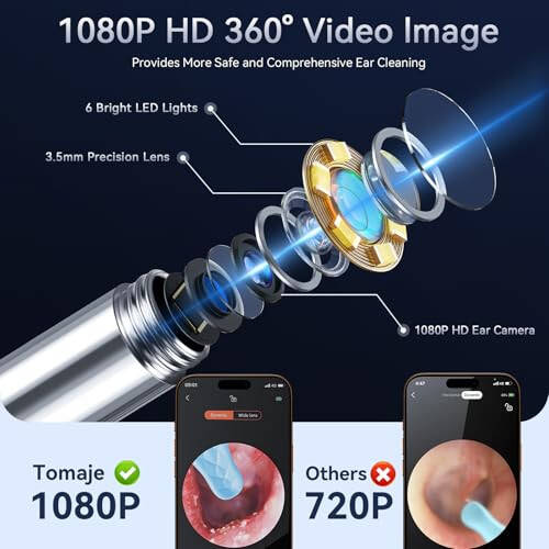 Tomaje Ear Wax Removal Tool Camera, Ear Cleaner with Camera, 1080P HD Ear Camera and 6 LED Light, Ear Wax Removal Kit with 6 Ear Pick, 6 Pcs Ear Set, Ear Camera Wax Removal for iOS & Android, Black - 2