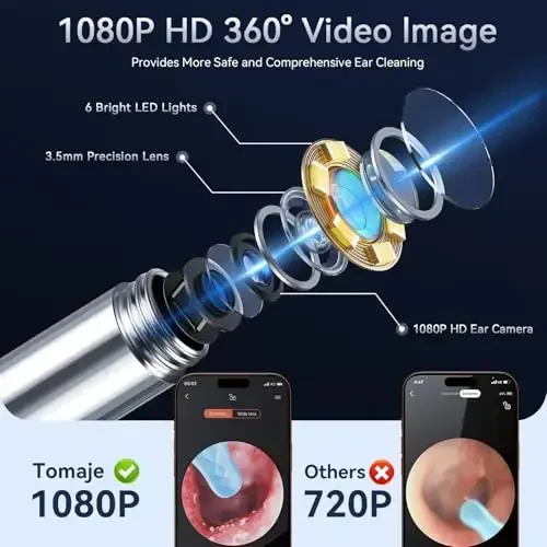 Tomaje Quloq Mumini Olip Tashlash Asbobi Kamerasi, Kamerali Quloq Tozalagichi, 1080P HD Quloq Kamerasi va 6 LED Chiroq, 6 Quloq Kovlagichli Quloq Mumini Olip Tashlash Kiti, 6 Donali Quloq To'plami, iOS va Android uchun Quloq Kamerasi Mumini Olip Tashlash, Moviy - 2
