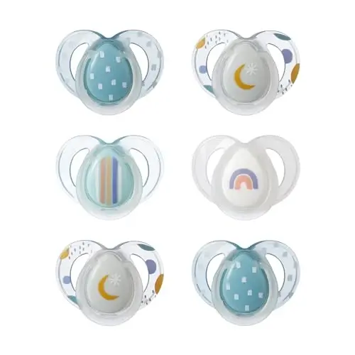 Tommee Tippee Night Time Pacifier, 6-18 Months, Symmetrical Silicone Baglet, BPA-Free Binkies, Glow in The Dark Technology, Blue Rainbow, Pack of 6 - 1