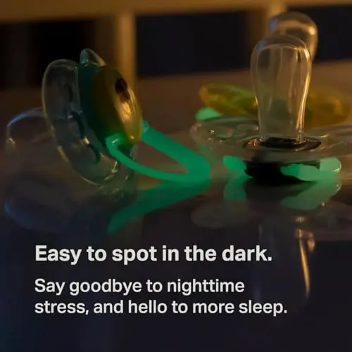 Tommee Tippee Night Time Emzik, 18-36 oy, Simmetrik silikon xaltachasi, BPA-siz Binkies, Qorong'uda porlash texnologiyasi, Yashil Kamalak, 6 dona - 6