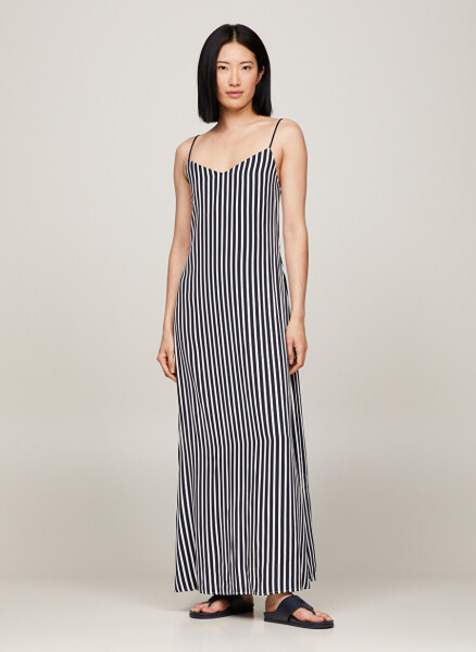 Tommy Hilfiger V bo'yinli chiziqli ko'k uzun ayollar libos FLUID STRIPE ANKLE SLIP DRESS - 1