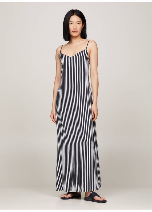 Tommy Hilfiger V bo'yinli chiziqli ko'k uzun ayollar libos FLUID STRIPE ANKLE SLIP DRESS - 9