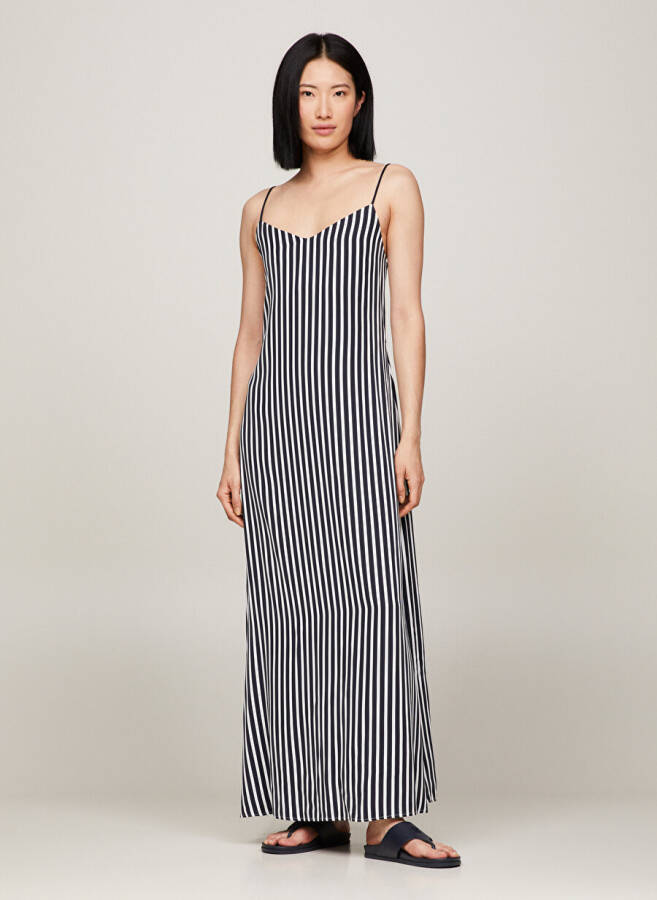 Tommy Hilfiger V-Neck Striped Navy Blue Long Women's Dress FLUID STRIPE ANKLE SLIP DRESS - 5