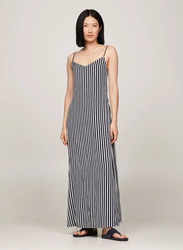 Tommy Hilfiger V Yaka Chiziqli To'q Ko'k Uzun Ayollar Libosi FLUID STRIPE ANKLE SLIP DRESS - TOMMY HILFIGER