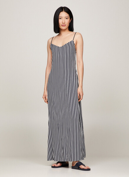 Tommy Hilfiger V Yaka Çizgili Lacivert Uzun Kadın Elbise FLUID STRIPE ANKLE SLIP DRESS - 5