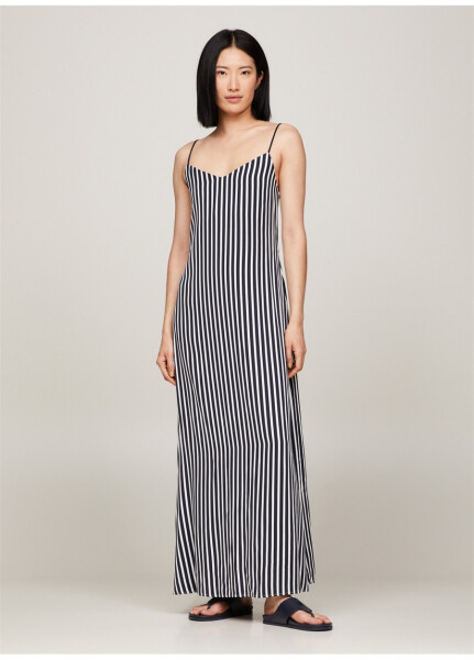 Tommy Hilfiger V Yaka Çizgili Lacivert Uzun Kadın Elbise FLUID STRIPE ANKLE SLIP DRESS - 9