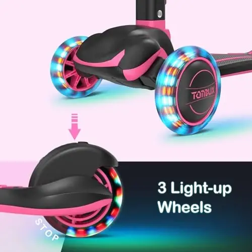 TONBUX Kids Scooter, Light Up 3 Wheel Kick Scooters for Kids 3-12, Folding Scooters with Adjustable Height - Toddler Scooter Lean-to-Steer & Widen Anti-Slip Deck - 3